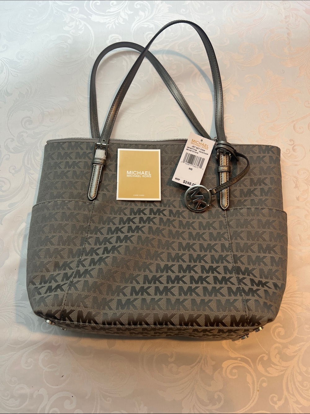Michael Kors Gray MK Signature Jet Set Tote with Black Trim new with tags